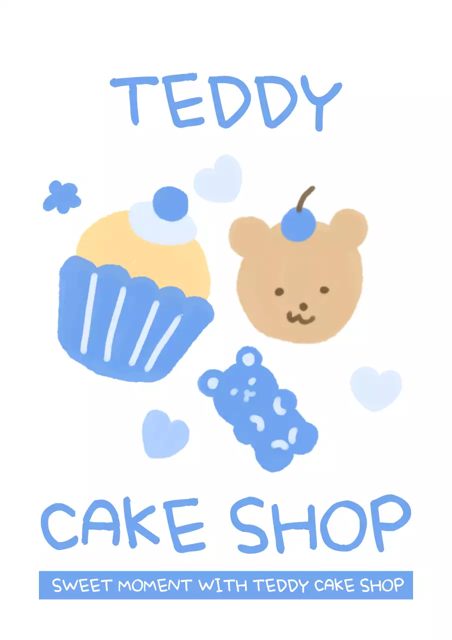 青色のかわいいイラストが描かれたケーキ屋さんの宣伝用インテリアステッカーです。