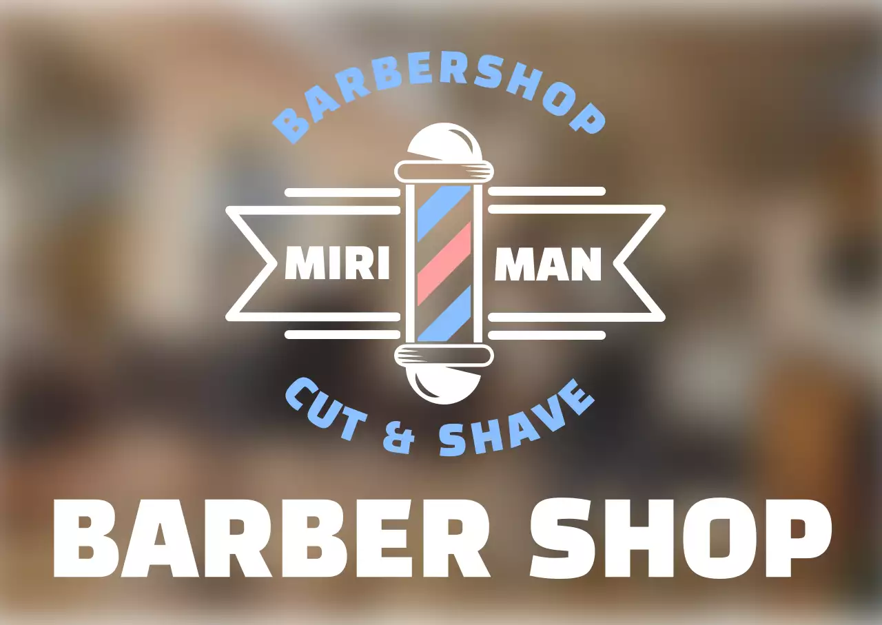 白と青のすっきりとしたイラストのバーバーショップのデザイン。