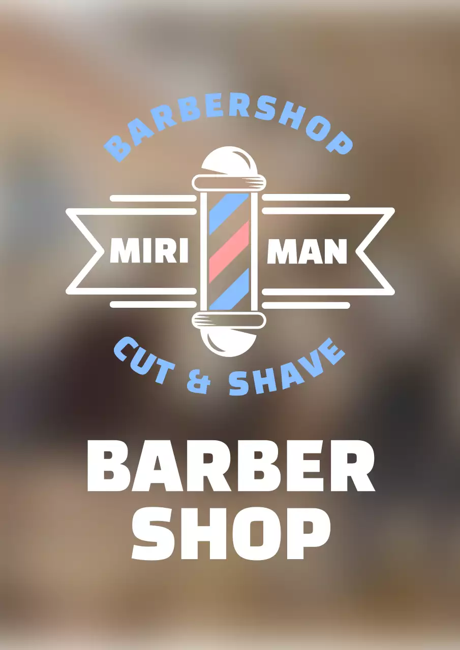 白と青のすっきりとしたイラストのバーバーショップのデザイン。