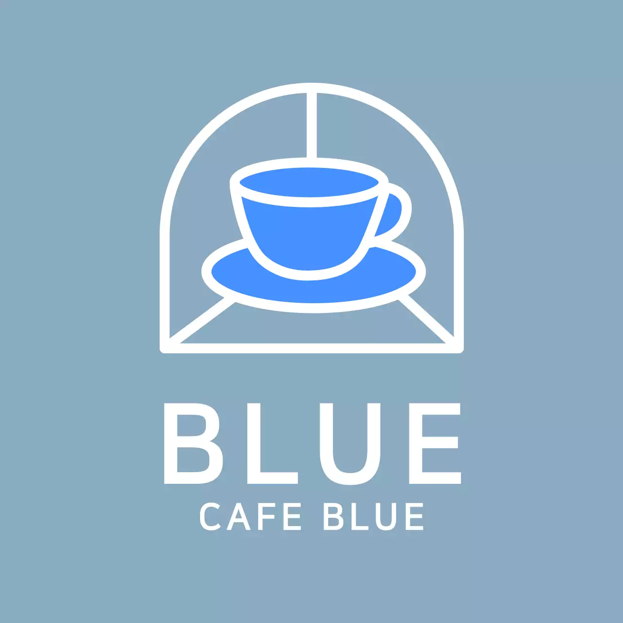 青いコーヒーカップのイラストが描かれたカフェのロゴ入りエプロンデザイン