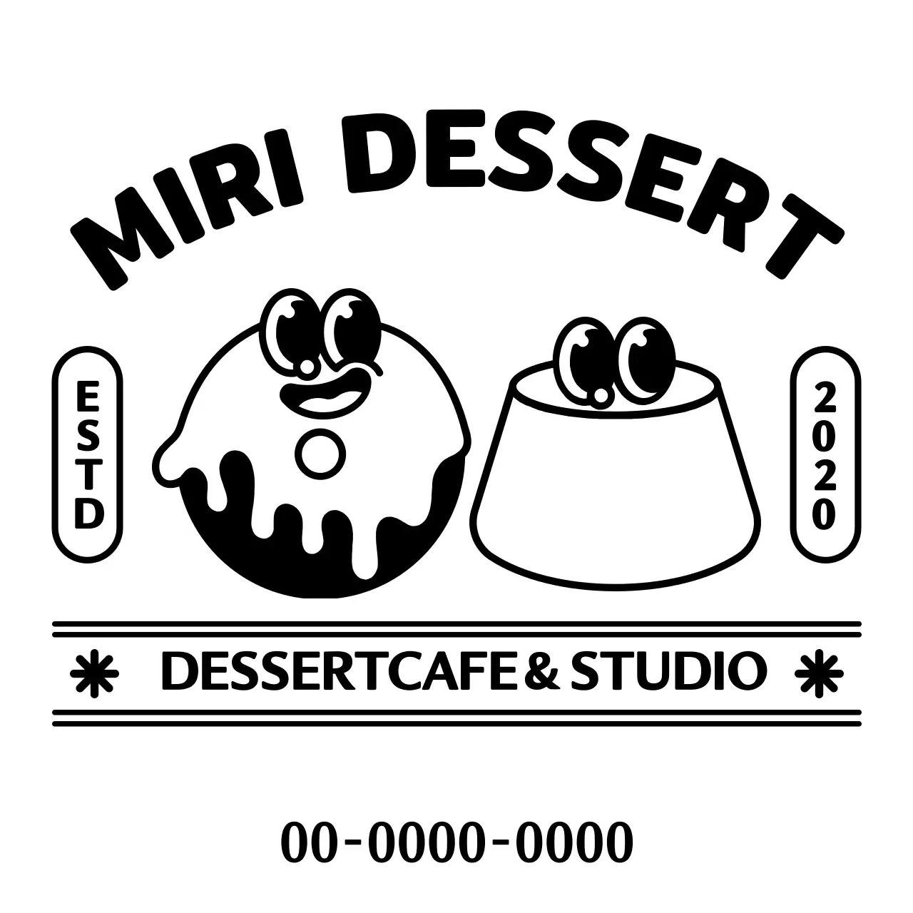 キュートでヒップなドーナツとプリンのキャラクターイラストのロゴ型デザートショップの広報・情報案内