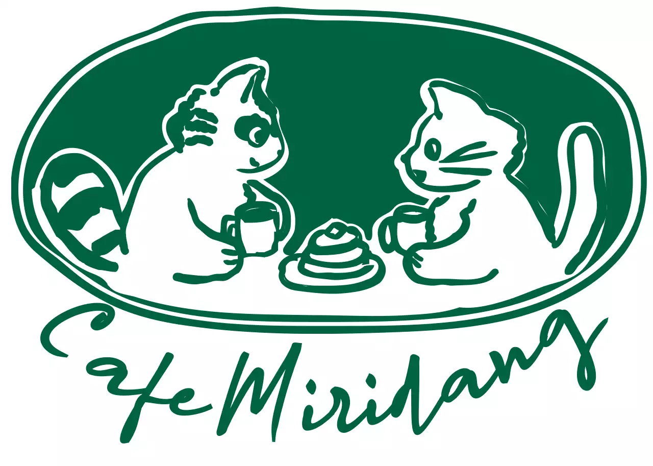 グリーンカラーの手書きとかわいいイラストのカフェのロゴマーク