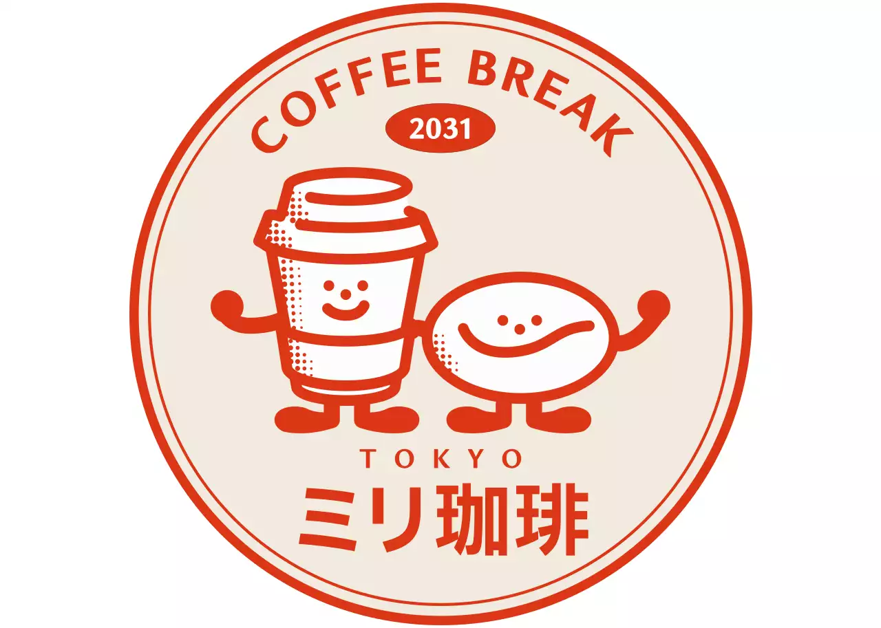 レッドオレンジのレトロなカフェのキャラクターロゴ