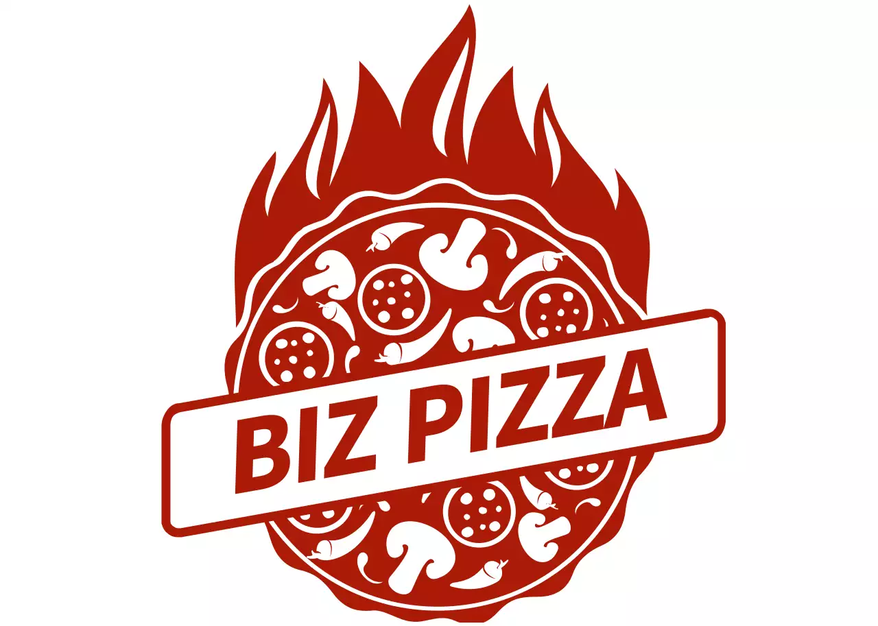 白と赤のイラストコンセプトのピザ屋さんのロゴマークです。