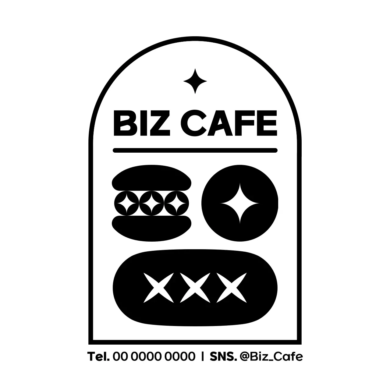 黒と白のシンプルですっきりしたデザートアイコンとテキストの組み合わせスタイルで、カフェの宣伝や情報案内を行います。