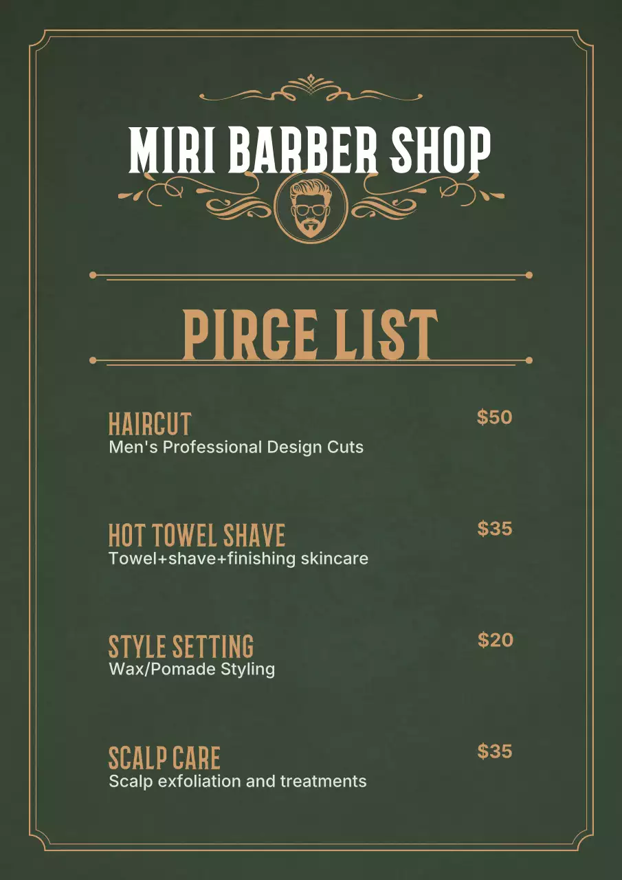 green vintage barber menu