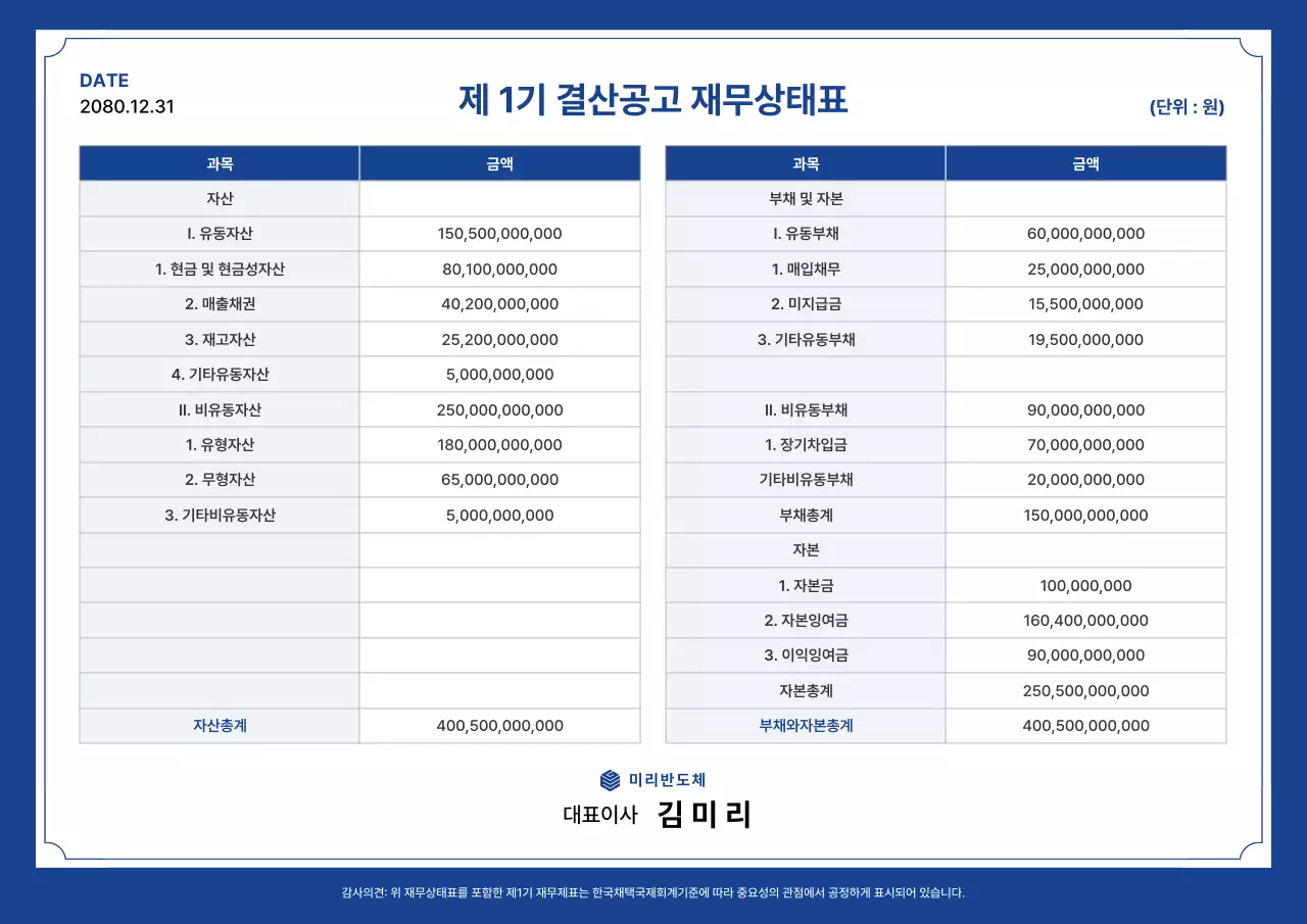 파랑의 깔끔한 반도체 회사 재무 보고서