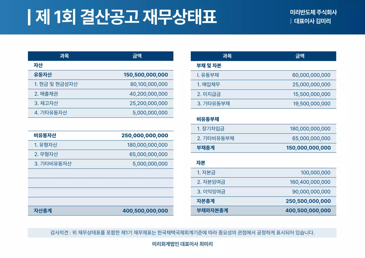 파랑 깔끔 재무 보고서