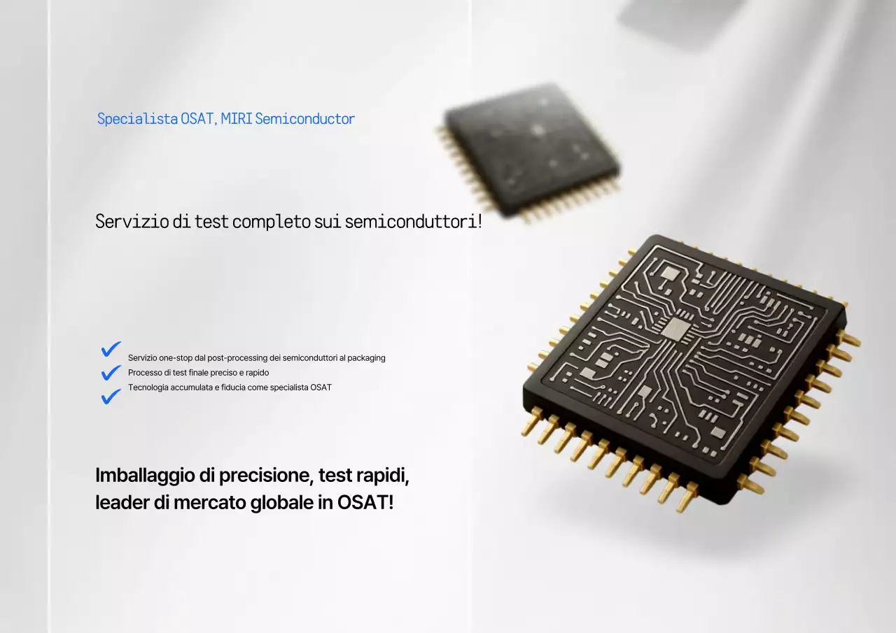 Una moderna pubblicità bianca di un'azienda di post-elaborazione di semiconduttori.