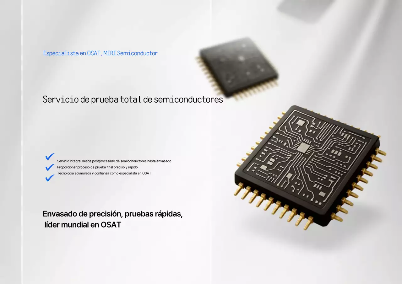 Un anuncio moderno de una empresa de posprocesamiento de semiconductores de color blanco.