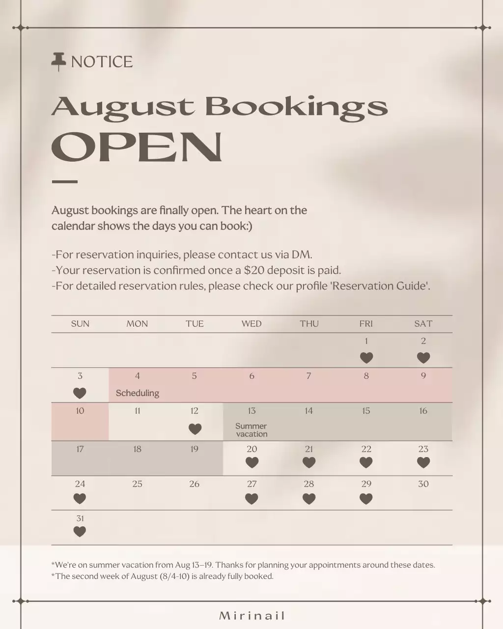 beige modern booking notice