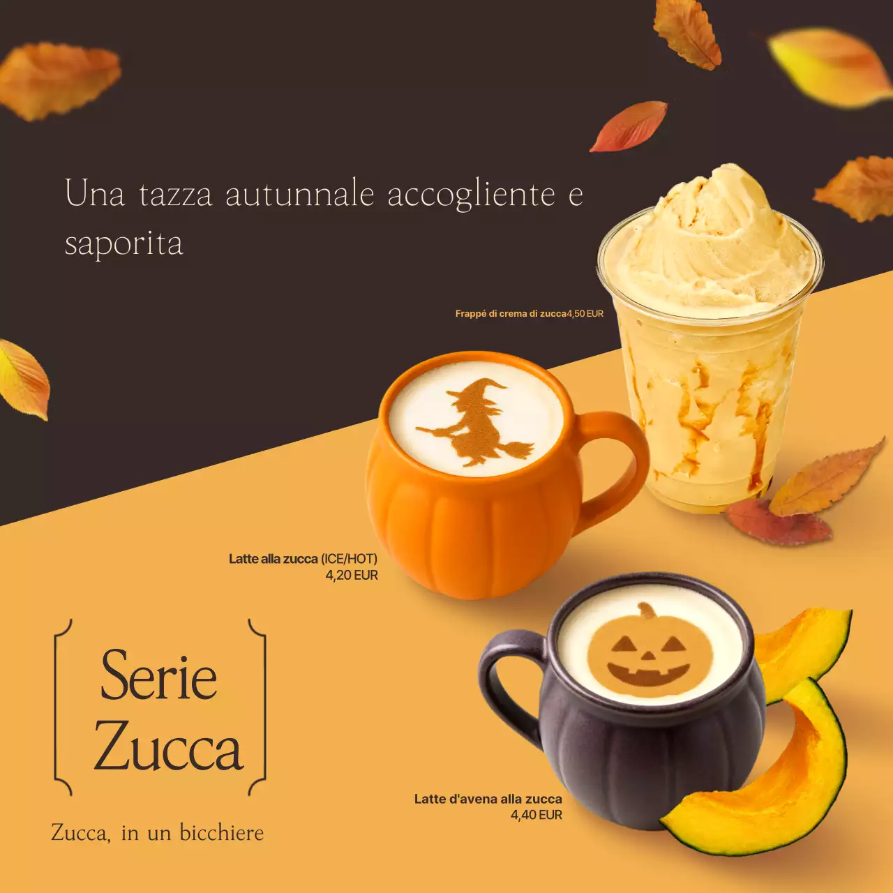 Pubblicità della bevanda autunnale all'arancia