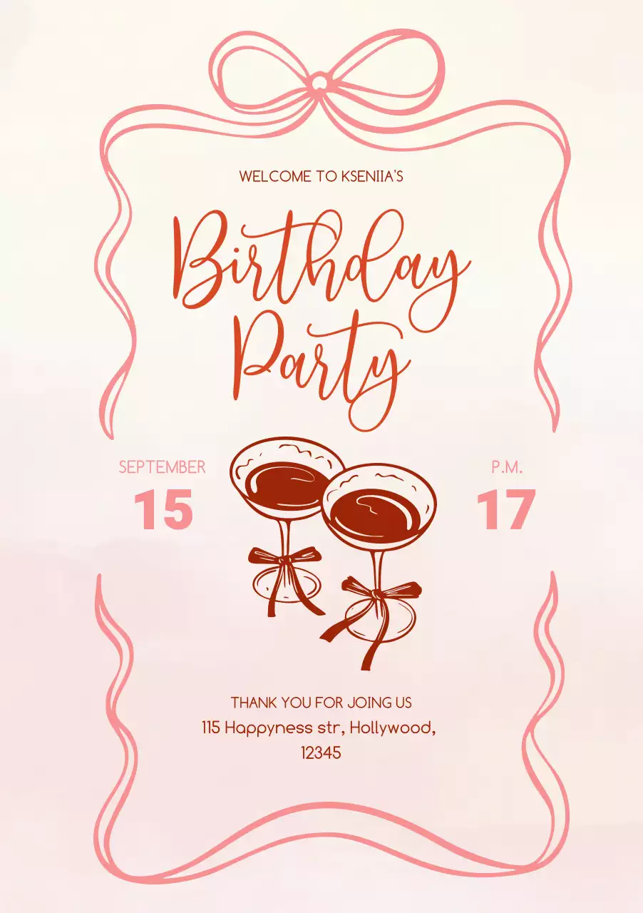 손으로 그린 ​​칵테일과 리본 프레임이 있는 핑크 코켓 스타일 생일 파티 초대장