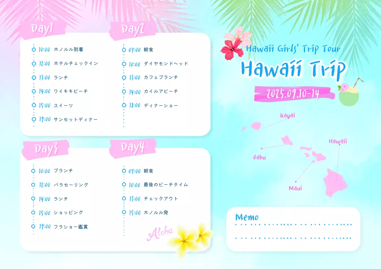 水色 楽しい 旅行 計画書 ハワイ旅行のしおり