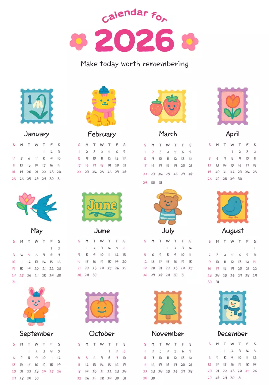 핑크 아기자기한 2026년 일러스트 캘린더