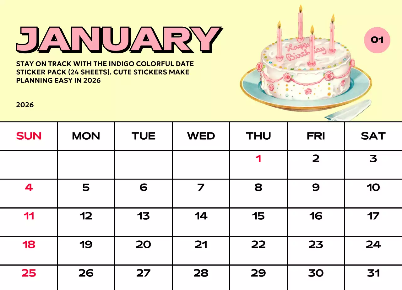 다양한 레트로 일러스트가 있는 화려한 캘린더 달력