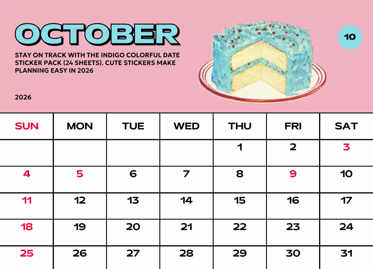 다양한 레트로 일러스트가 있는 화려한 캘린더 달력