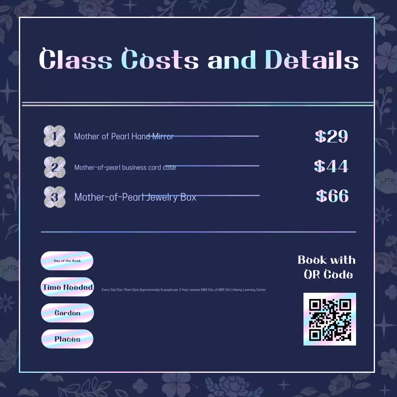 Guide to the one-day class on traditional mother-of-pearl lacquerware crafts in navy blue