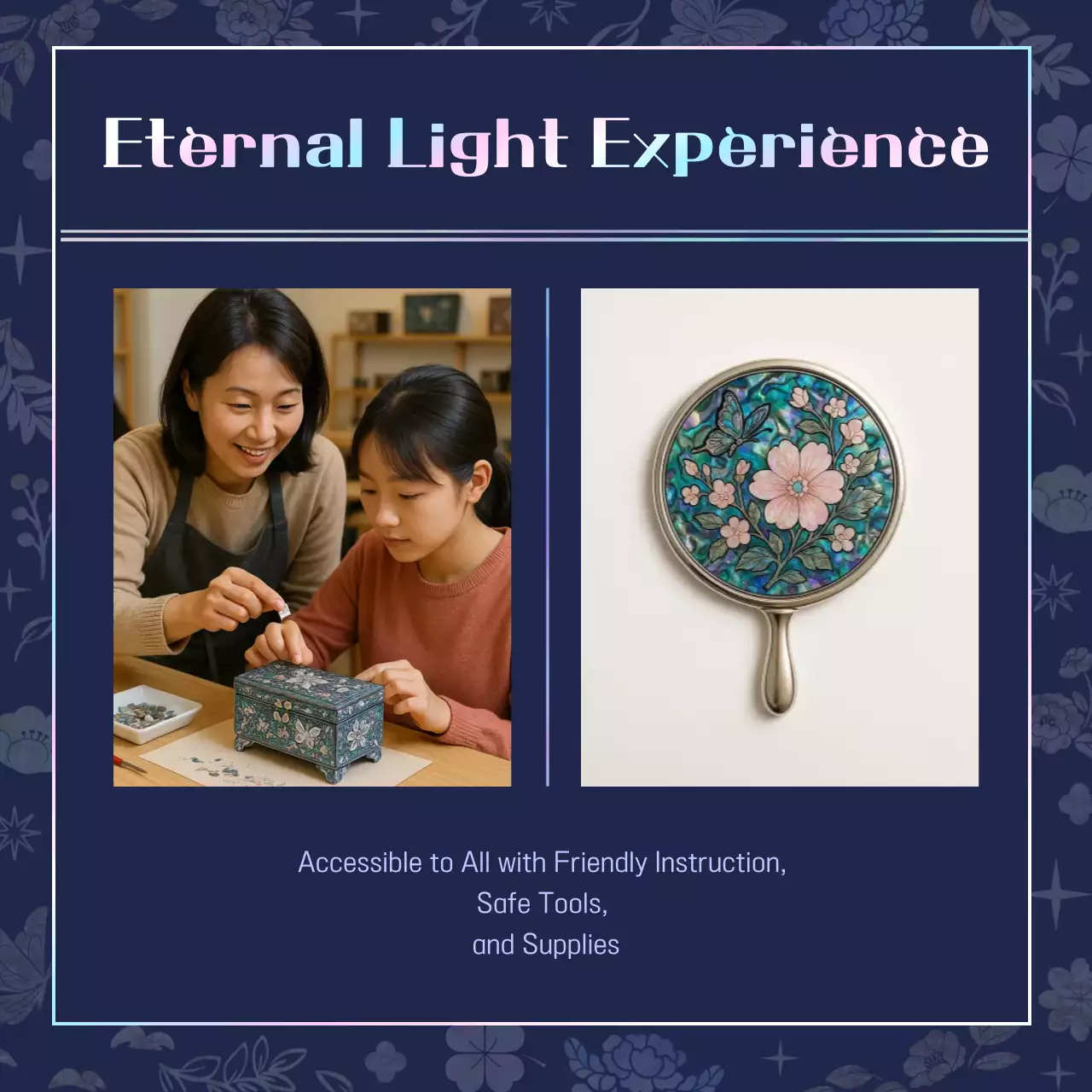 Guide to the one-day class on traditional mother-of-pearl lacquerware crafts in navy blue