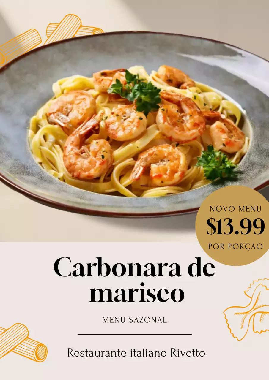 Cartaz promocional de menu de frutos do mar elegante bege