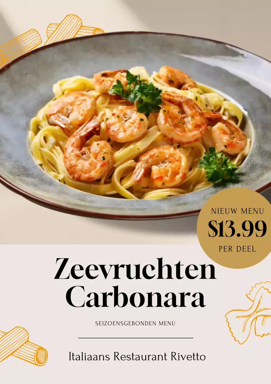 Beige elegante zeevruchtenmenu-promotieposter