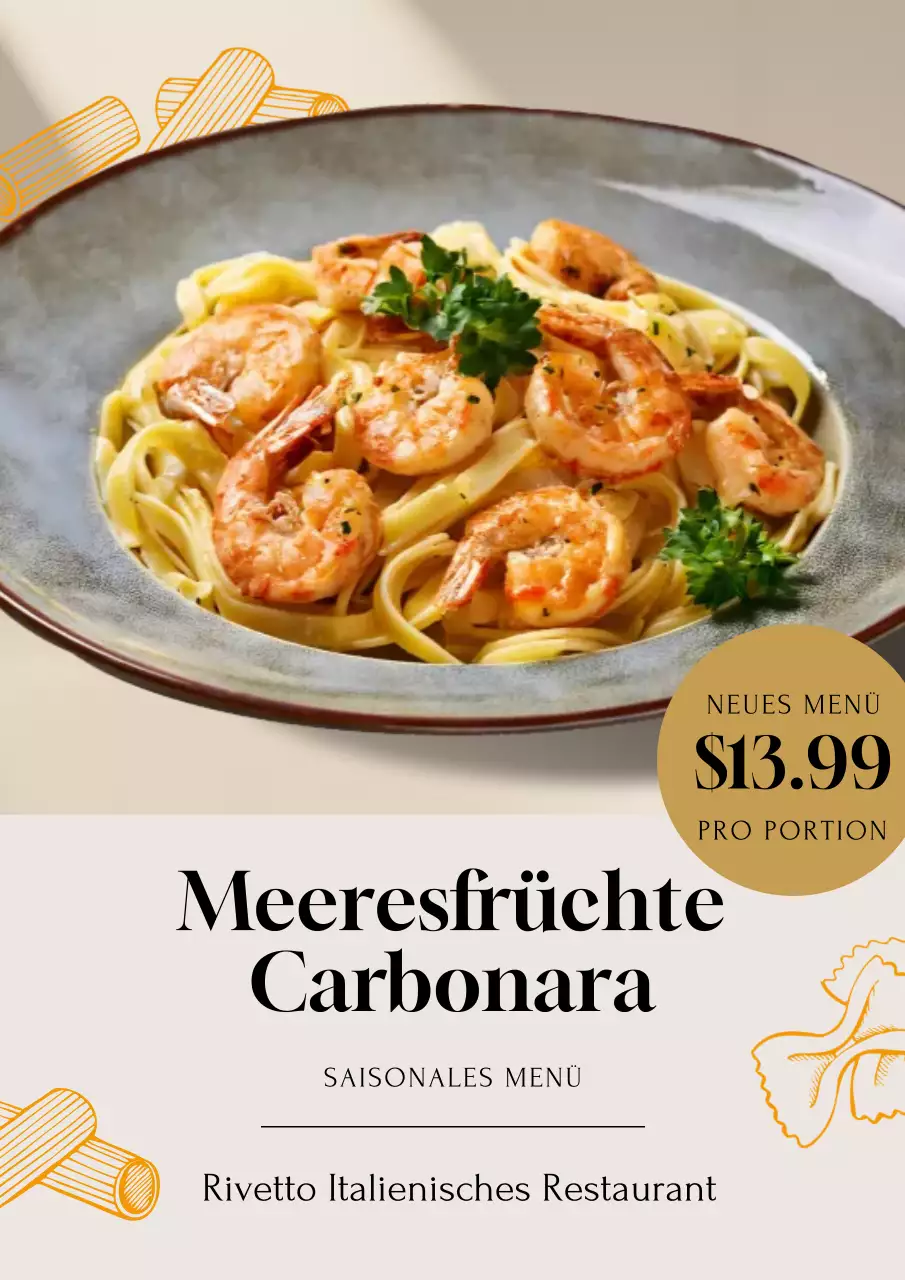 Beigefarbenes, elegantes Meeresfrüchte-Menü-Werbeplakat