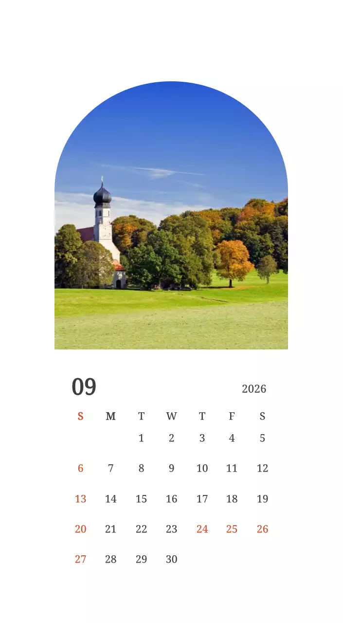 풍경 속 교회가 돋보이는 사진들로 이루어진 달력