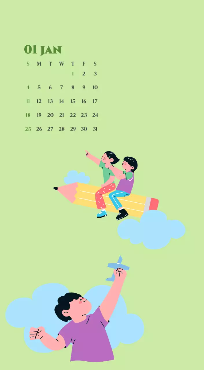 옐로우와 그린 배경에 청소년 일러스트가 담긴 달력