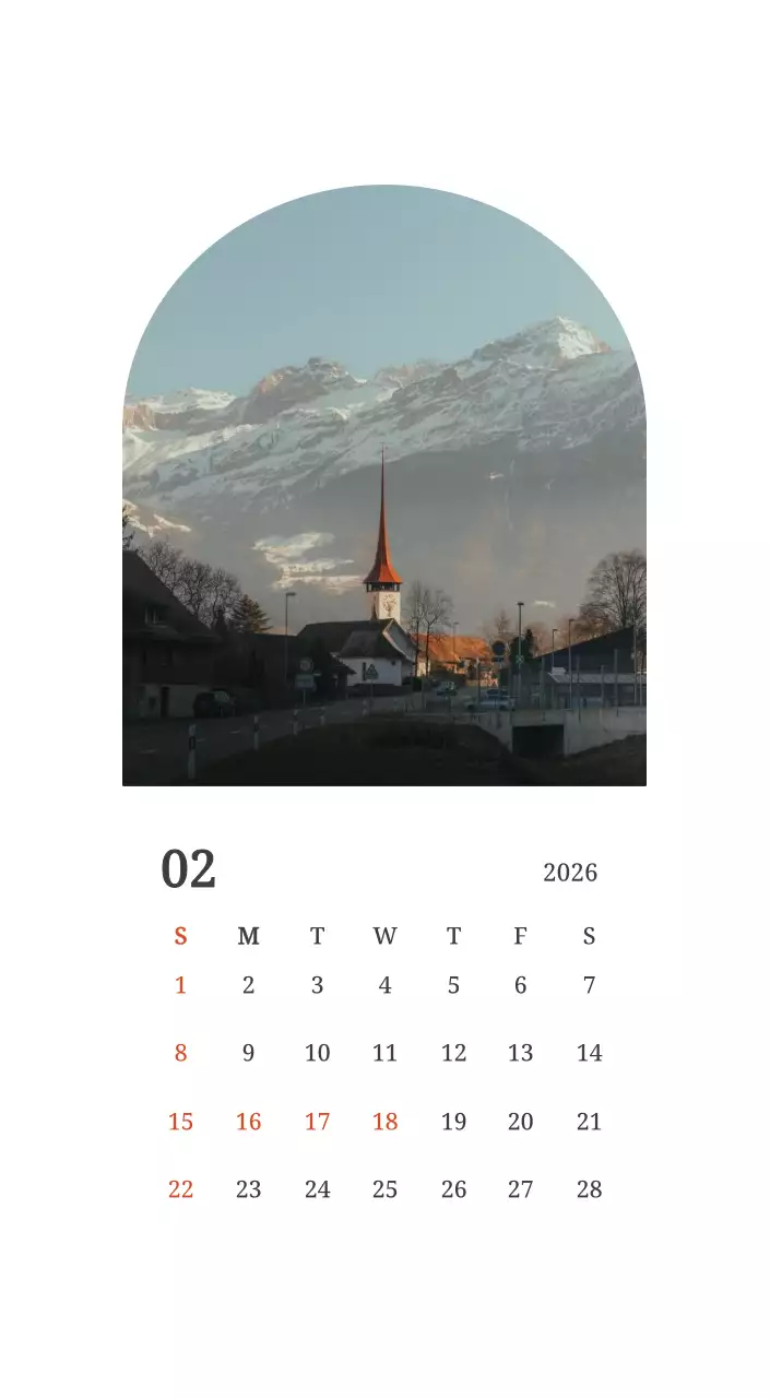 풍경 속 교회가 돋보이는 사진들로 이루어진 달력