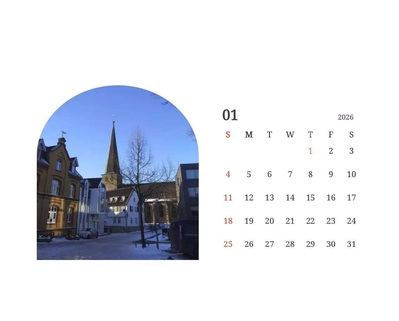 풍경 속 교회가 돋보이는 사진들로 이루어진 달력