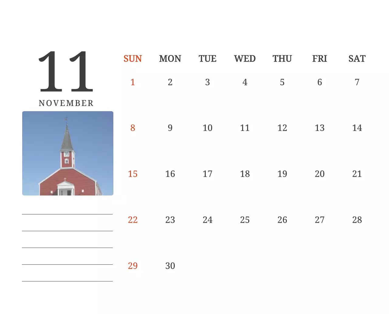 풍경 속 교회가 돋보이는 사진들로 이루어진 달력