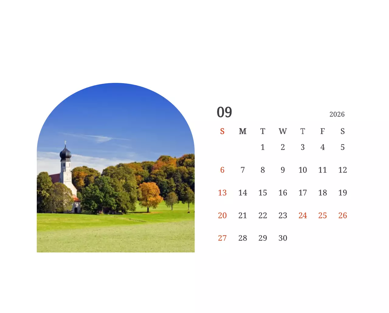 풍경 속 교회가 돋보이는 사진들로 이루어진 달력