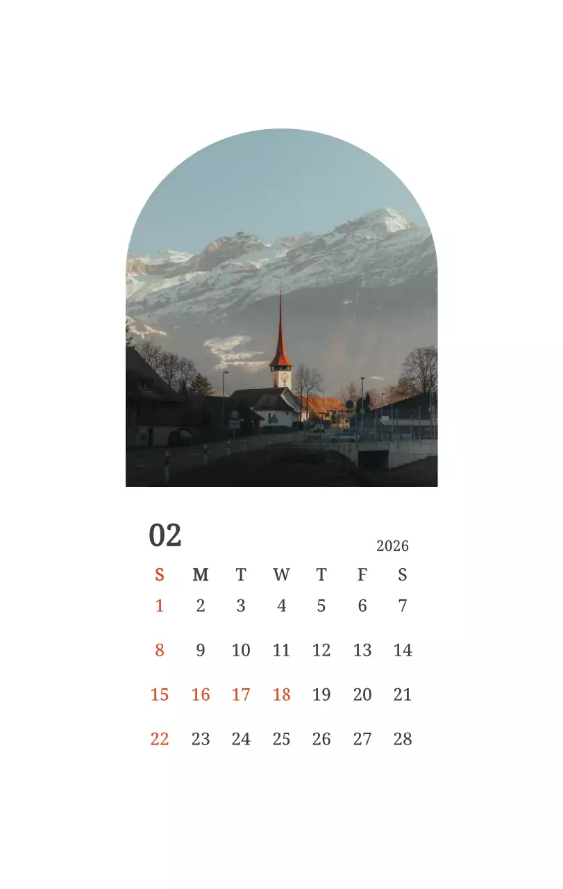 풍경 속 교회가 돋보이는 사진들로 이루어진 달력