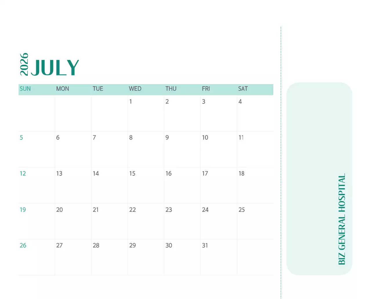 깔끔하고 알록달록한 컨셉의 병원 달력