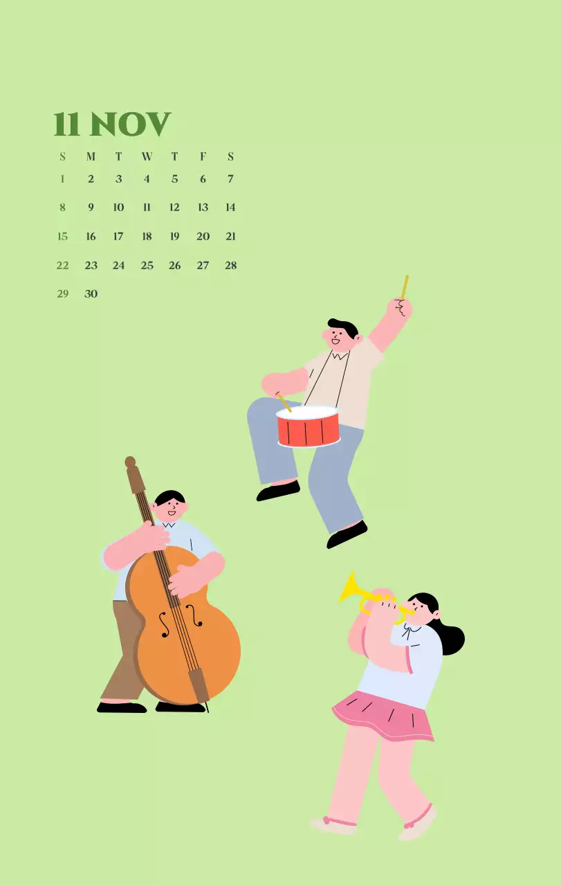 옐로우와 그린 배경에 청소년 일러스트가 담긴 달력