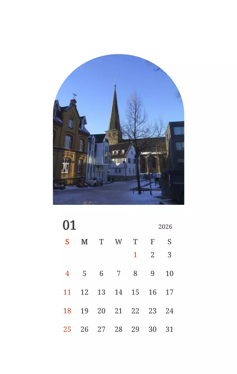 풍경 속 교회가 돋보이는 사진들로 이루어진 달력