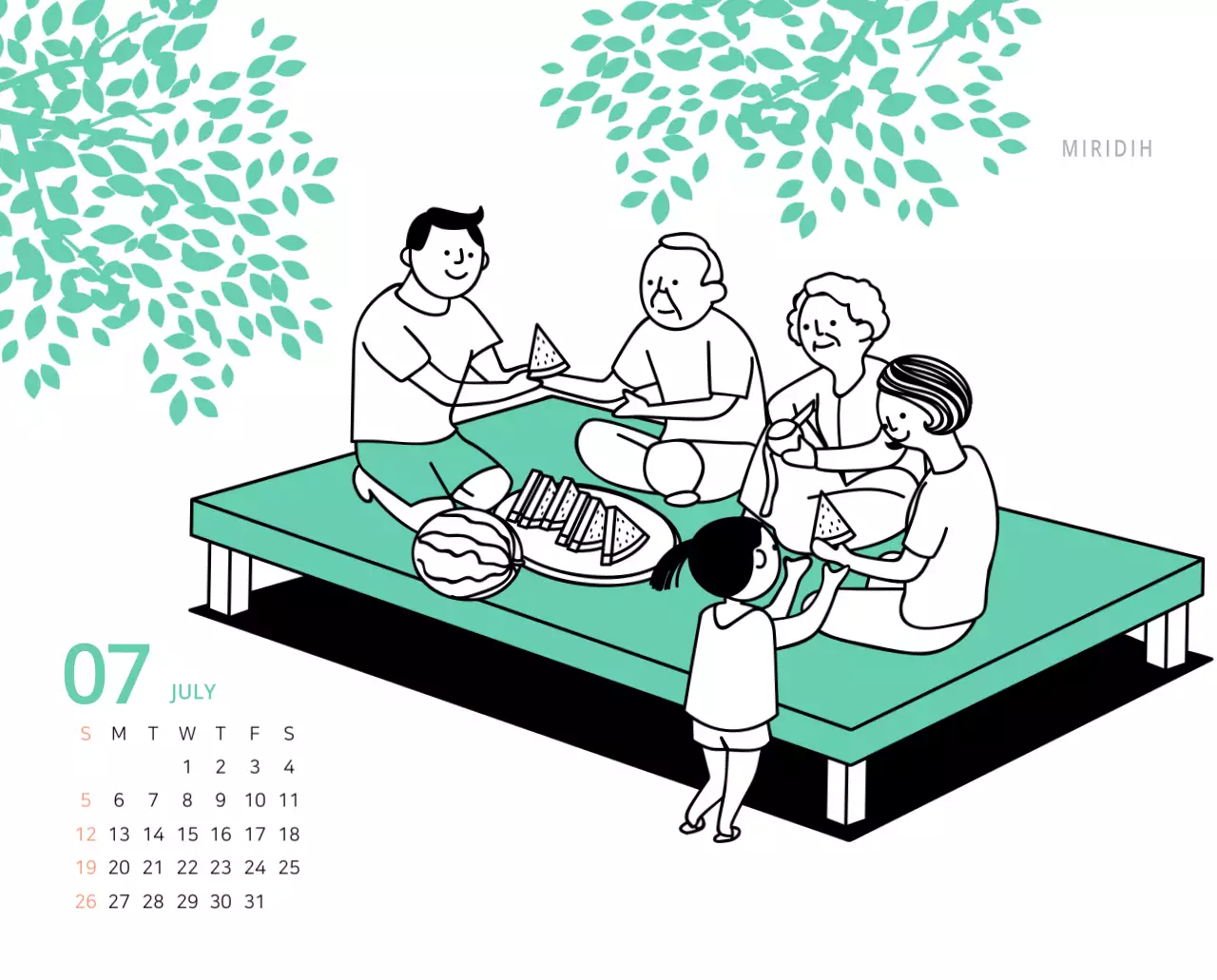 귀여운 일러스트 초록색 가족테마 탁상달력
