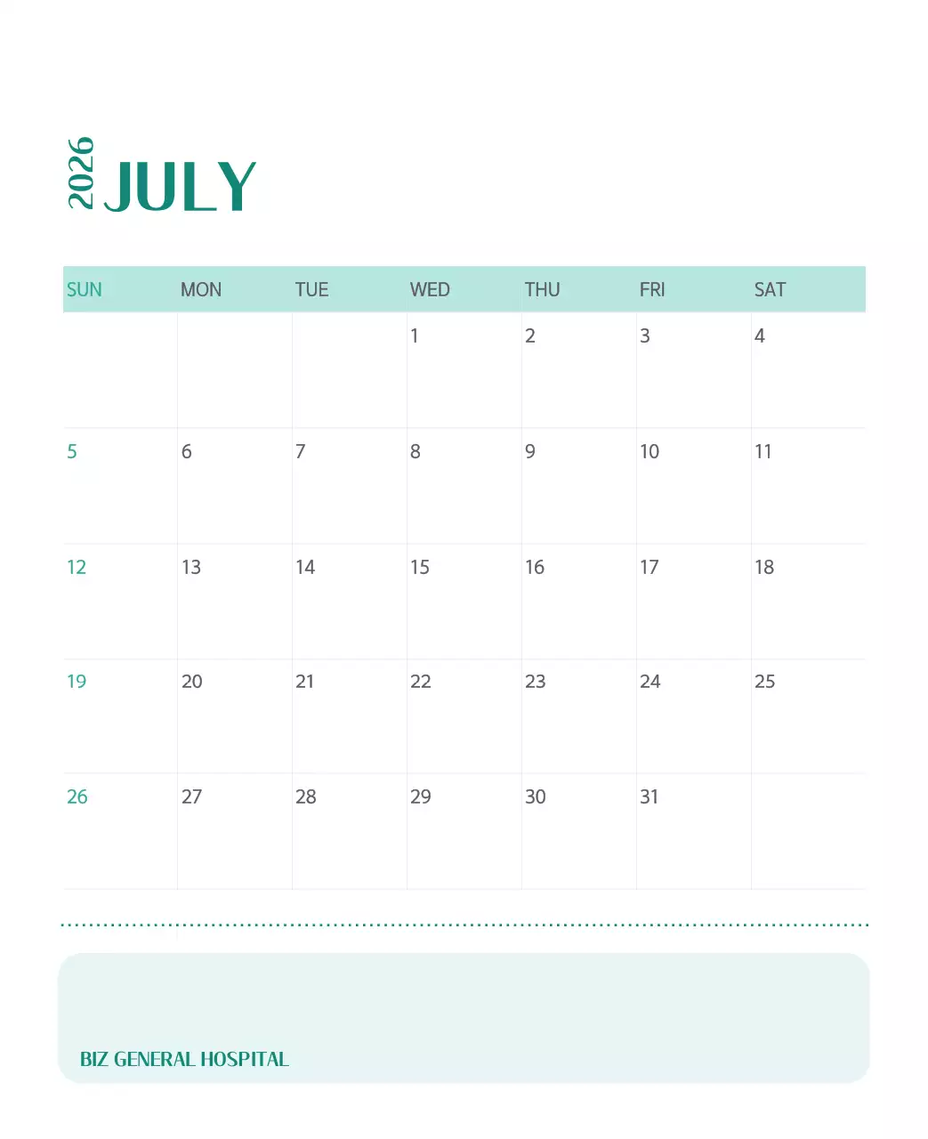 깔끔하고 알록달록한 컨셉의 병원 달력