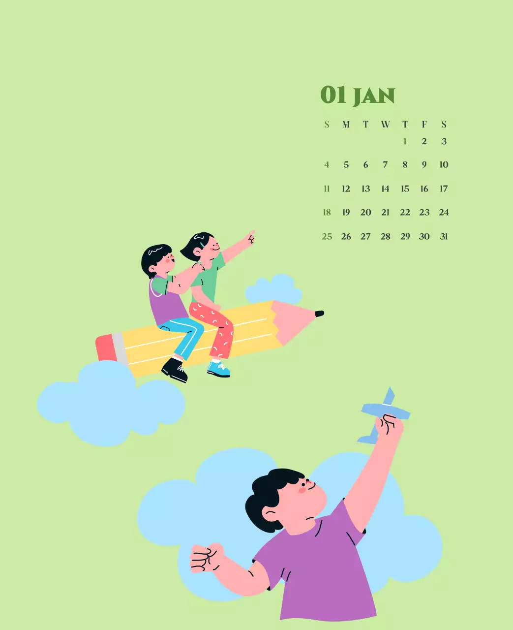 옐로우 그린 배경에 청소년 일러스트가 담긴 달력