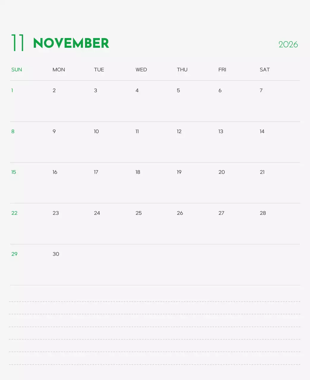 초록색 포인트 컬러에 강아지 사진과 귀여운 메시지가 있는 달력