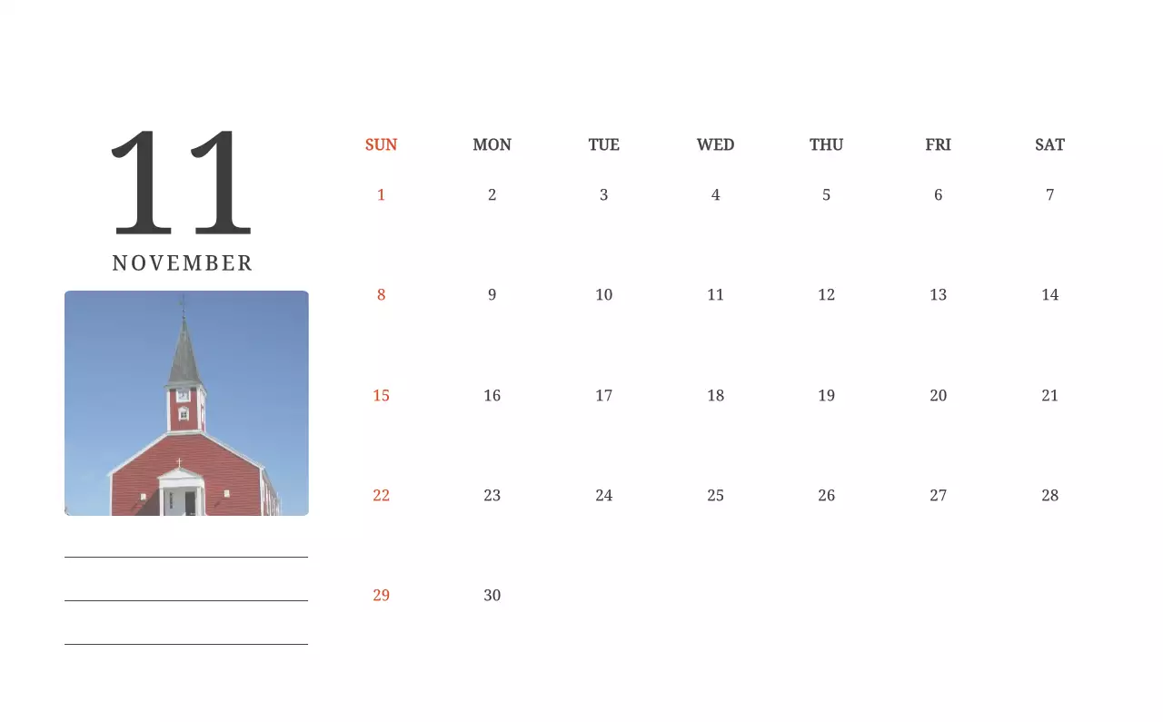 풍경 속 교회가 돋보이는 사진들로 이루어진 달력