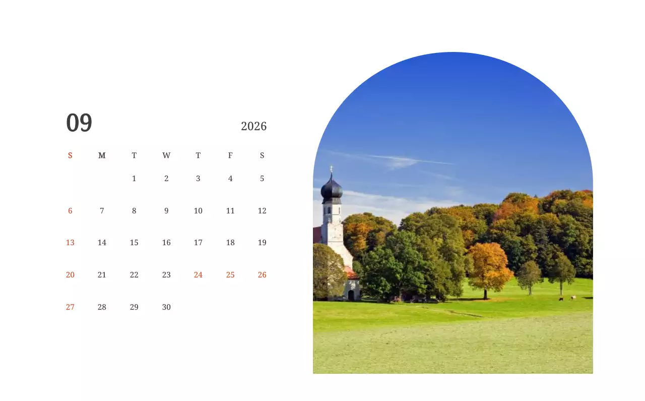 풍경 속 교회가 돋보이는 사진들로 이루어진 달력