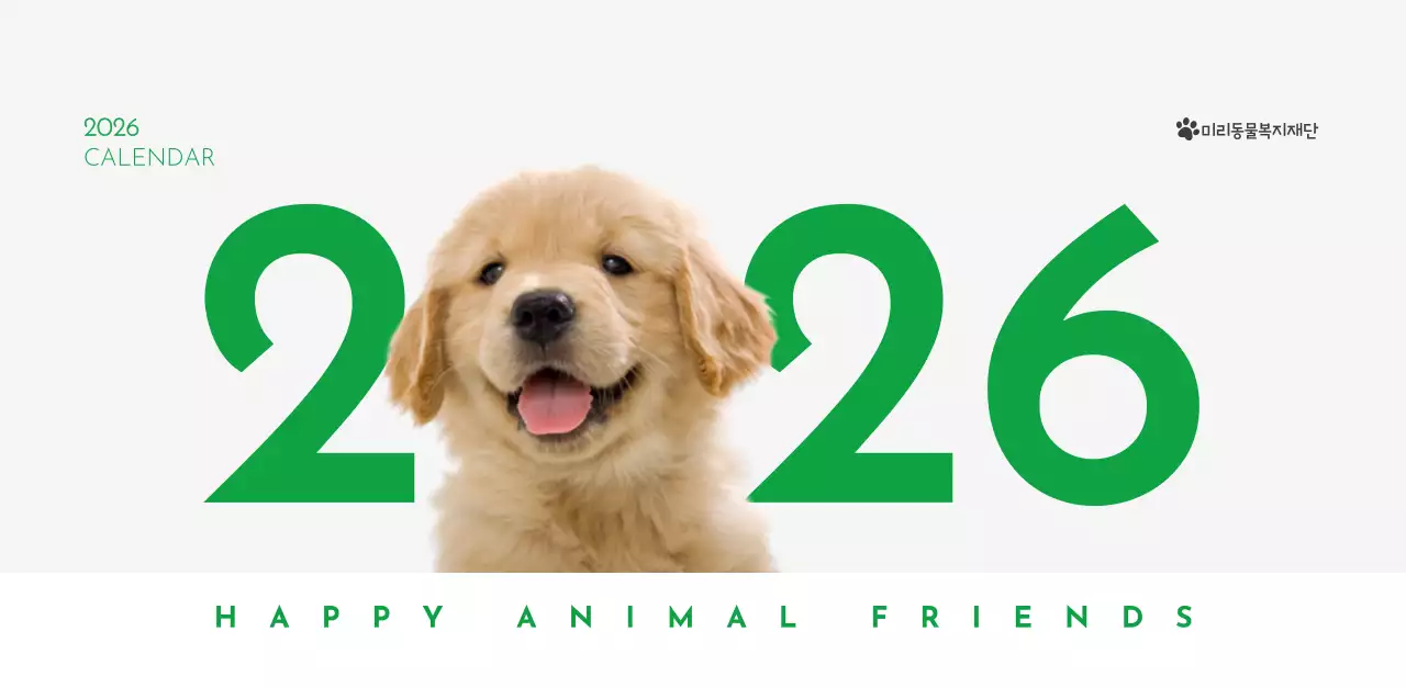 초록색 포인트 컬러에 강아지 사진과 귀여운 메시지가 있는 달력