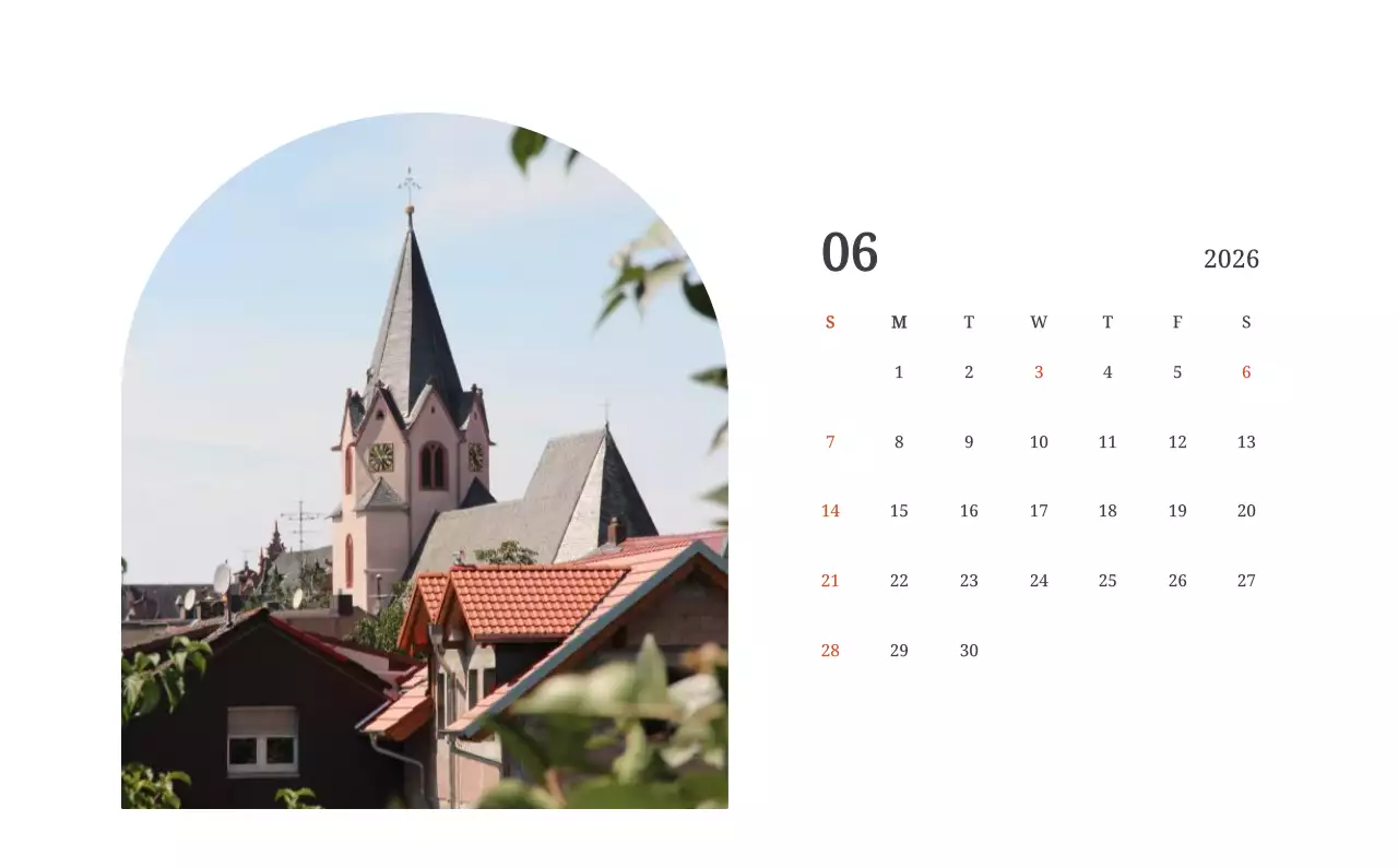 풍경 속 교회가 돋보이는 사진들로 이루어진 달력