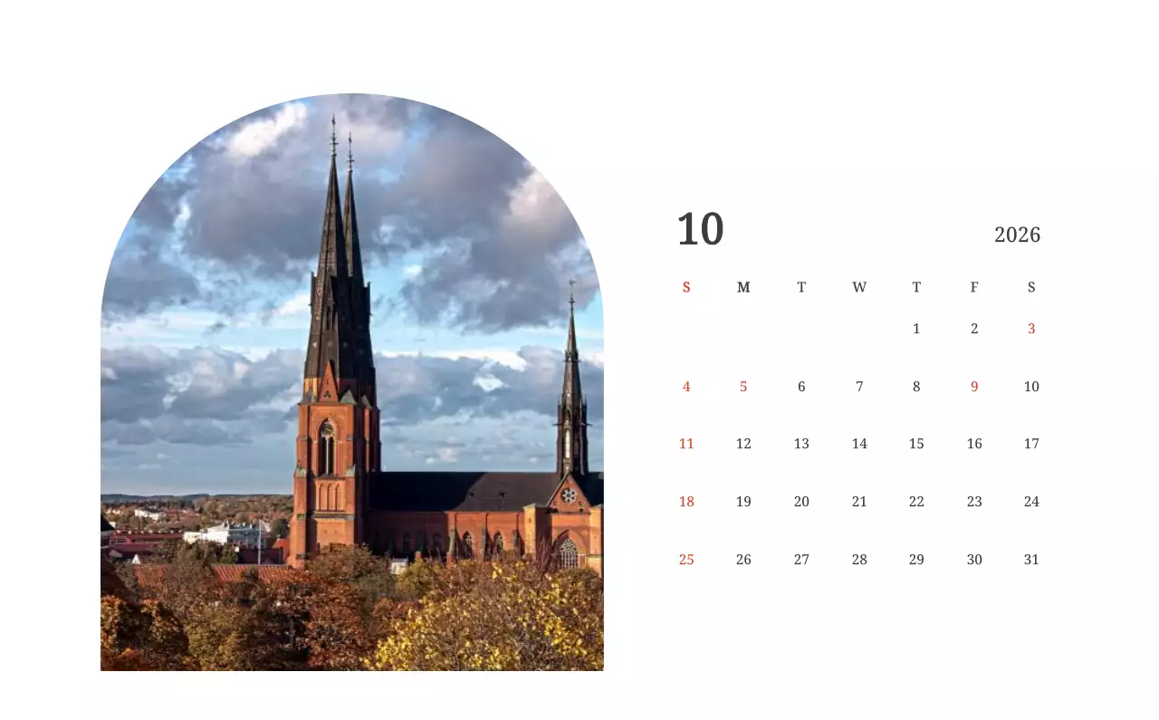 풍경 속 교회가 돋보이는 사진들로 이루어진 달력