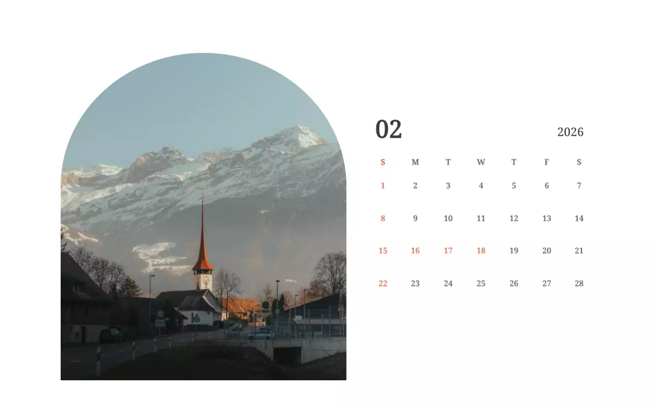 풍경 속 교회가 돋보이는 사진들로 이루어진 달력