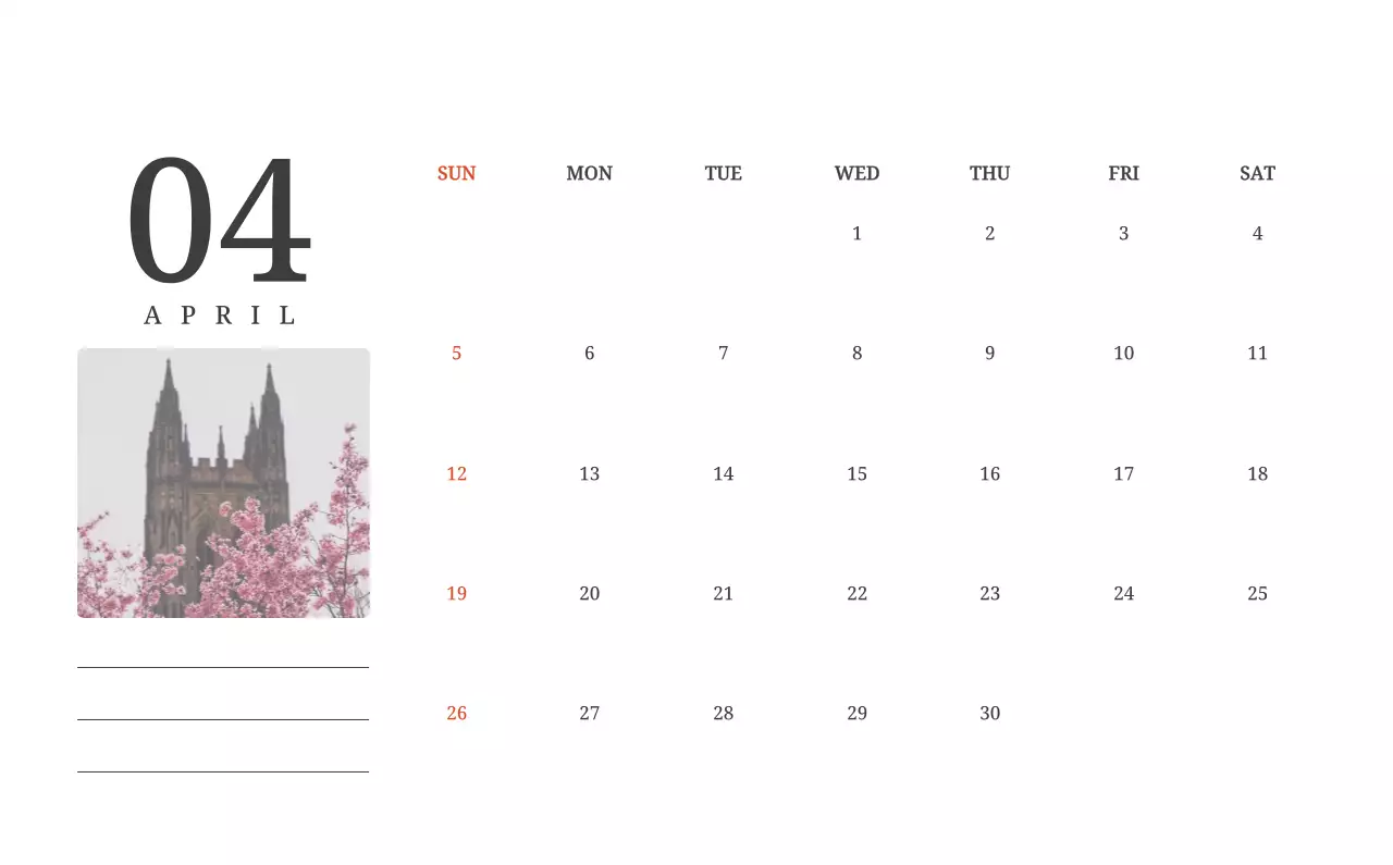 풍경 속 교회가 돋보이는 사진들로 이루어진 달력