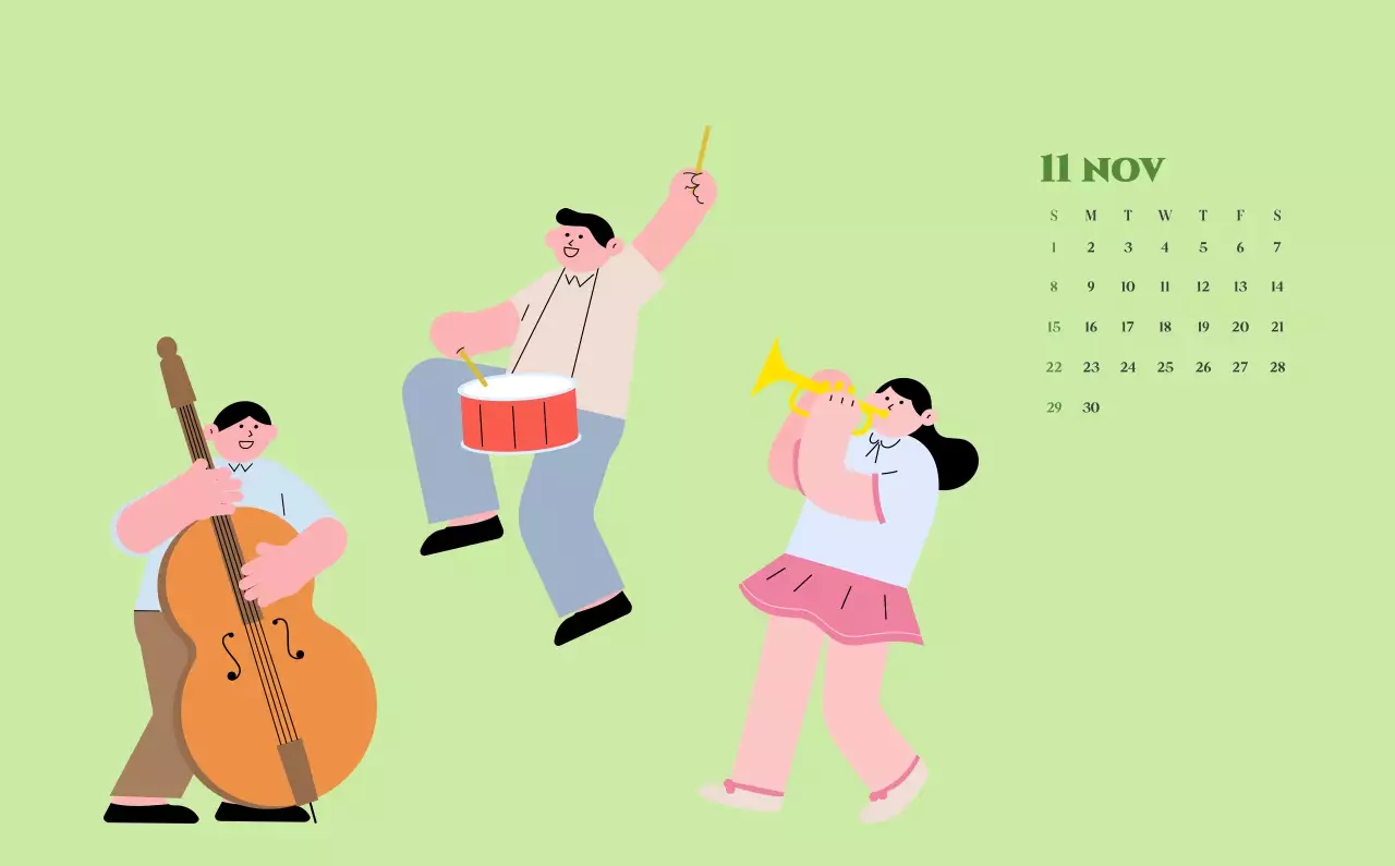 옐로우와 그린 배경에 청소년 일러스트가 담긴 달력