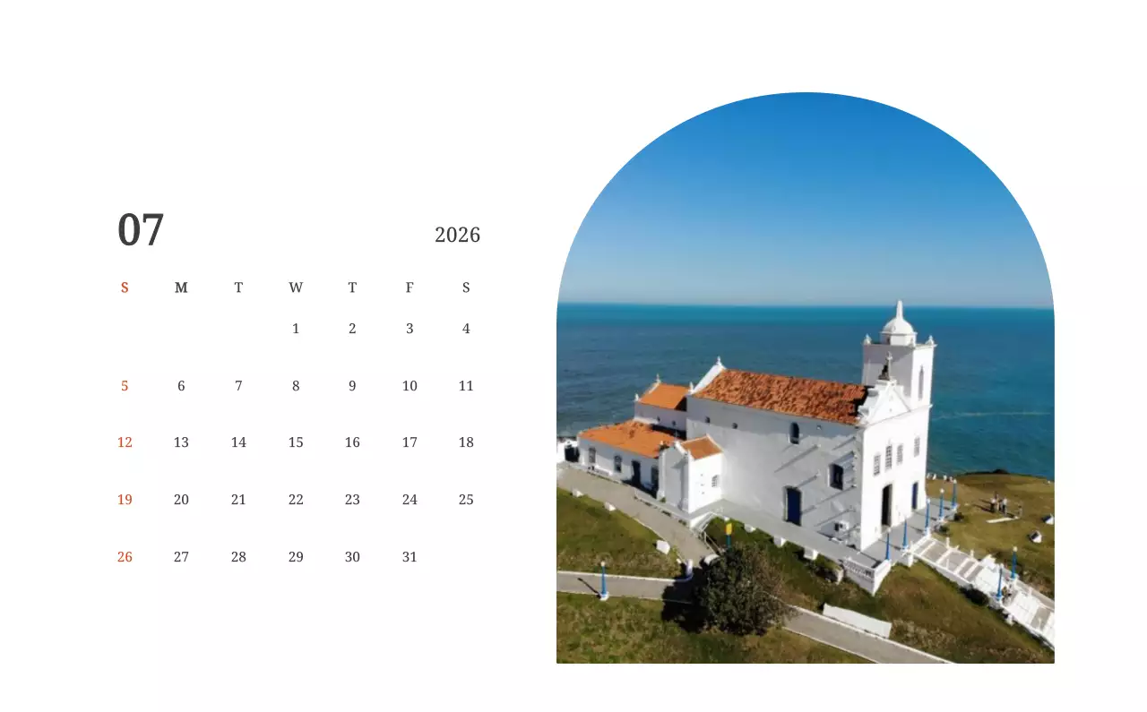 풍경 속 교회가 돋보이는 사진들로 이루어진 달력