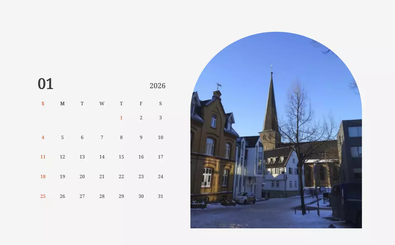 풍경 속 교회가 돋보이는 사진들로 이루어진 달력